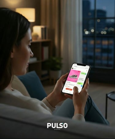 Consumidora realizando compra online pelo celular através de anúncios patrocinados de alta conversão