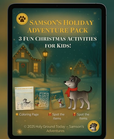 iPad showing Samson’s Holiday Adventure Pack with 3 Christmas activities for kids.