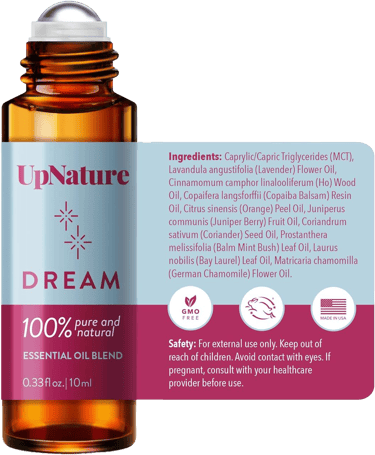 UpNature Dream blend label listing oils like lavender, camphor, copaiba, orange, juniper