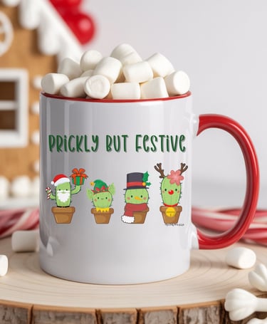 White mug with red rim and “Prickly but Festive” cacti — funny cactus Christmas mug by Miss Chatty Plants