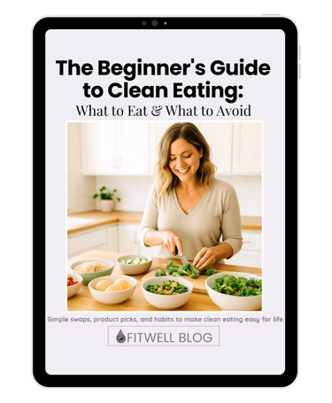 Tablet mockup of free Beginner’s Clean Eating Guide PDF.