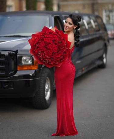 Birthday photoshoot with red roses and black limo, shot by Fred Art Studio