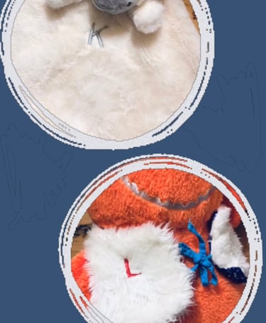 doudou plat mouton blanc tex brodée "K" et peluche monstre orange oxybul brodée "L"
