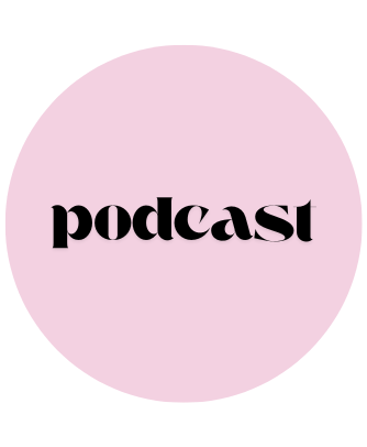 light pink circle with the word podcast
