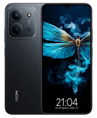 Black Xiaomi Redmi smartphone showing front and back views with dual camera and blue dragonfly wallpaper.