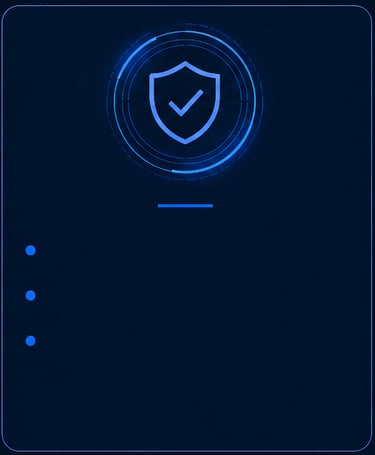 A neon blue shield icon with a checkmark representing cybersecurity data protection on a dark background.
