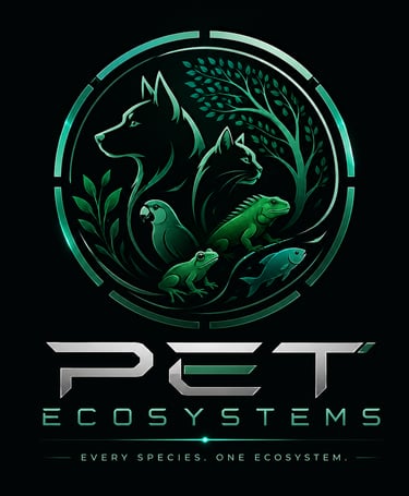 Green futuristic Pet Ecosystems logo featuring silhouettes of a dog, cat, bird, reptile, and fish.