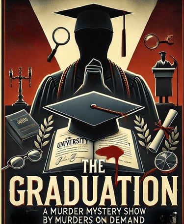 Vintage-style poster for The Graduation murder mystery show featuring a silhouette and academic symbols.