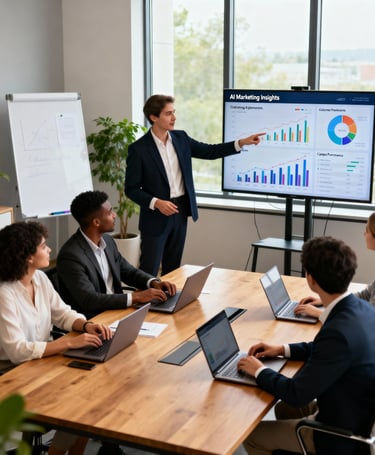 a man in a suit and tie is standing in front of a large screen