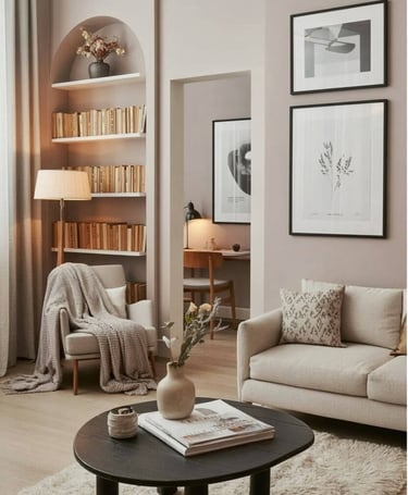 Narrow living room with distinct zones, cozy seating area and reading nook separated by rugs and fur