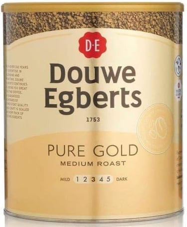 a can of douwe coffee beans in a canister