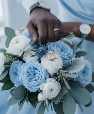 a woman in a blue dress holding a bouquet
