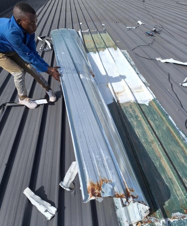 Inspection of heavily compromised area on IBR  roof structure, Lonehill, Fourways
