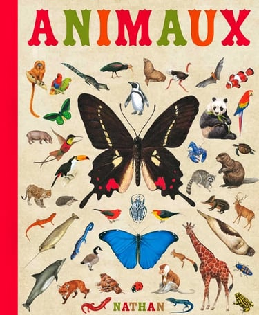 French children's book cover titled Animaux featuring colorful illustrations of various wild animals and butterflies.
