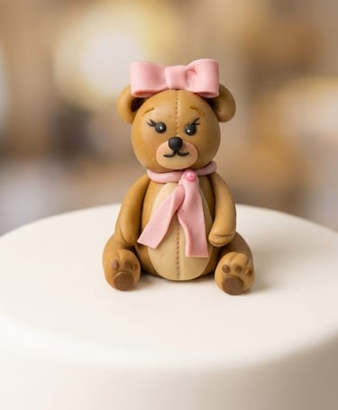 Osita bebé modelada a mano en fondant por Cocina con Ely, diseñada para decorar tortas infantiles y 
