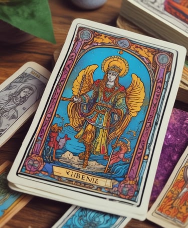 A close-up of a tarot spread featuring The Lovers card illuminated by soft candlelight