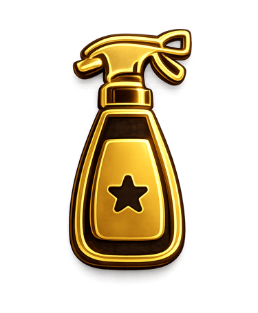 Golden glowing spray bottle icon with star logo isolated on a black background.