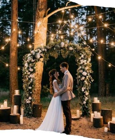 Romantic outdoor wedding ceremony with floral arch and string lighting in Bodrum