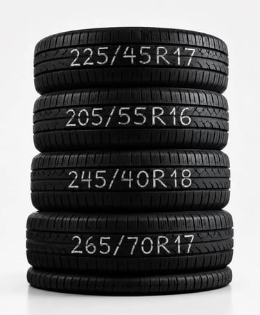 Professional display of popular tire sizes available at Fast Tire Shop including 225/45R17, 205/55R1