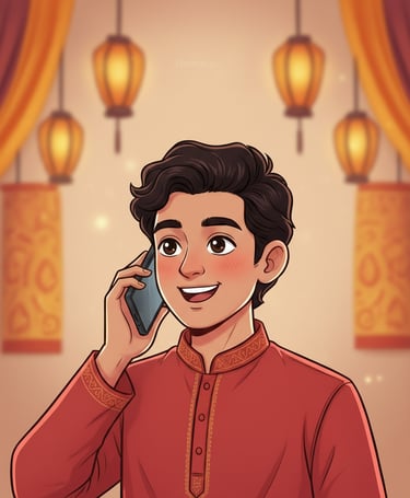 Handsome South Asian man in red kurta talking on smartphone; festive Diwali lanterns in background. 
