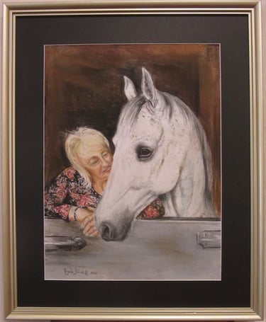 Self-portrait of me with my grey horse, taken from my sister's photograph, drawn in soft pastel