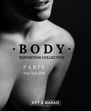 Black and white poster for the Body collective art exhibition in Paris at Kiff & Marais gallery.