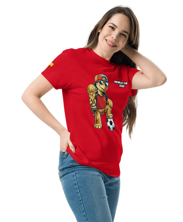 Model wearing red World Cup t-shirt from Tortuga Island Headwear