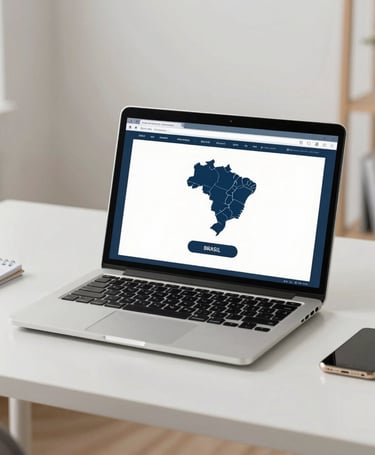 A minimalist workspace featuring a high-end laptop with a secure interface open, symbolizing efficient online legal services across Brazil, clean and airy aesthetic.