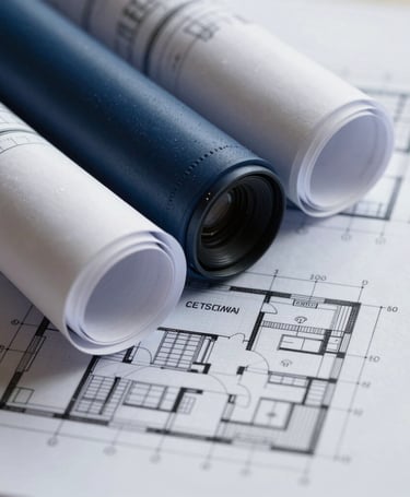Macro shot of architectural blueprints and trademark documents, representing the fusion of innovation and legal protection, with a clean navy blue and grey palette.