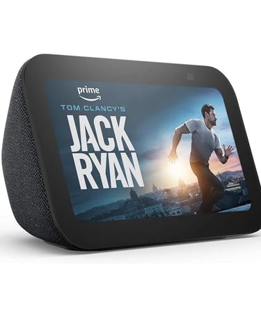 Black Amazon Echo Show smart display playing Tom Clancy's Jack Ryan on Prime Video.