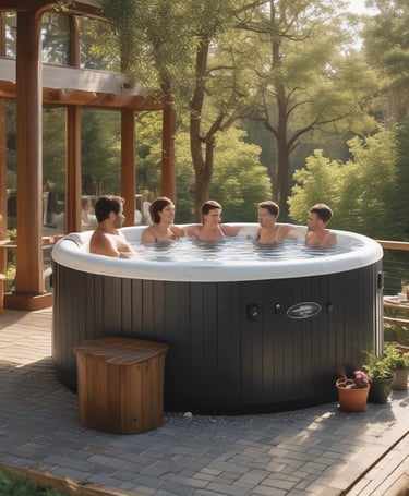 Žmonės lauke karštame kubile