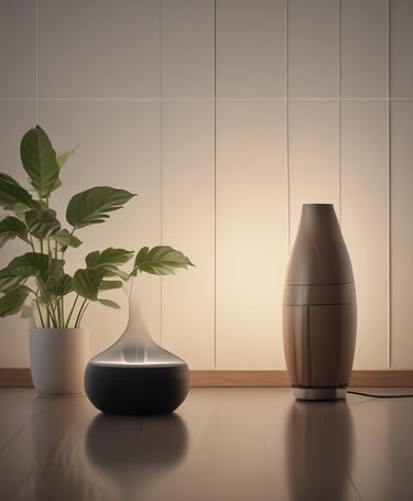 A collection of Apple products and accessories are arranged on a wooden surface. There is a MacBook partially visible, an iPhone with a colorful home screen, an Apple Watch with a metallic band, a pair of AirPods, a Magic Mouse, a power bank, and a remote control. A plant is slightly visible in the bottom left corner.