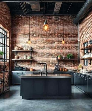 Stunning Industrial Kitchen with Grey Cabinetry, Black Accents, and Warm Dark Brown Flooring