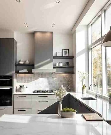 Modern kitchen with sleek cabinets, quartz countertops, and natural light.