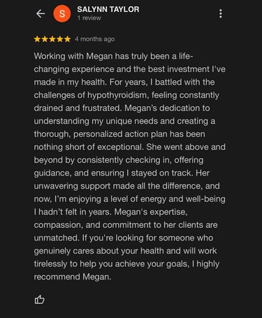 Good review for Megan Swan Wellness Coaching.