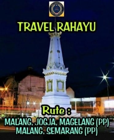 Travel Rahayu shuttle service featuring Tugu Jogja with routes to Malang, Magelang, and Semarang.