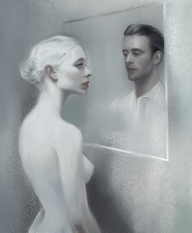 a man and woman in a white dress