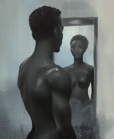 a man and woman in front of a mirror