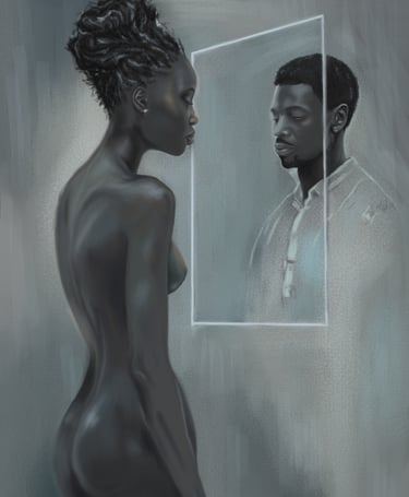 a woman standing in front of a mirror