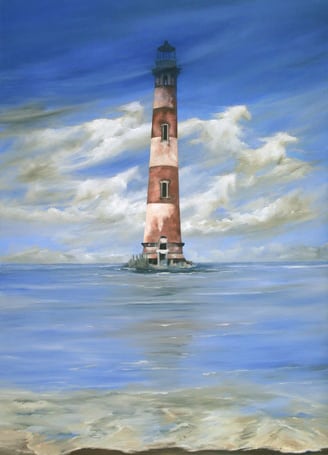 a painting of a lighthouse surrounded by horse-shaped clouds