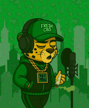 Mascota Fresh CBD con auriculares y micrófono en fondo urbano