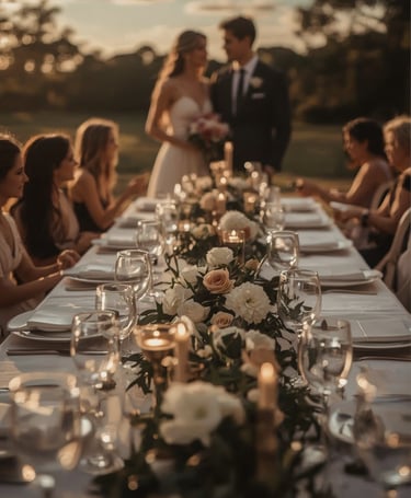 table de réception extérieure mariage champetre table fleurs invités