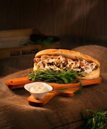 Sándwich en una tabla de cortar con mayonesa en un plato blanco delante