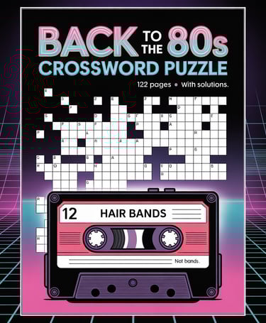 Back to the 80s crossword puzzle book cover featuring a retro neon grid and cassette tape.