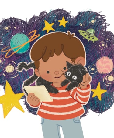 niño leyendo a un gato he imaginado mundos galacticos