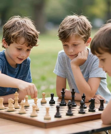 A smiling instructor guiding a group of children gathered around a large chess set.