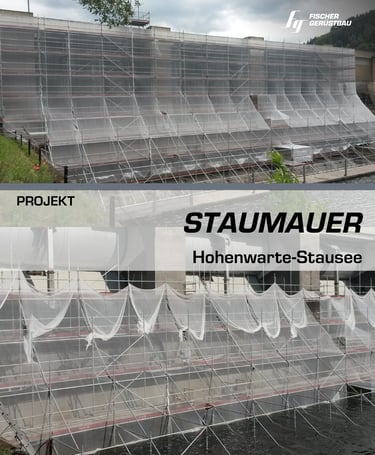 Industrielles Gerüst mit Sicherheitsnetz an der Hohenwarte-Staumauer für Bauarbeiten