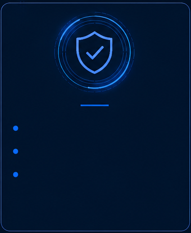 A neon blue shield icon with a checkmark representing cybersecurity data protection on a dark background.