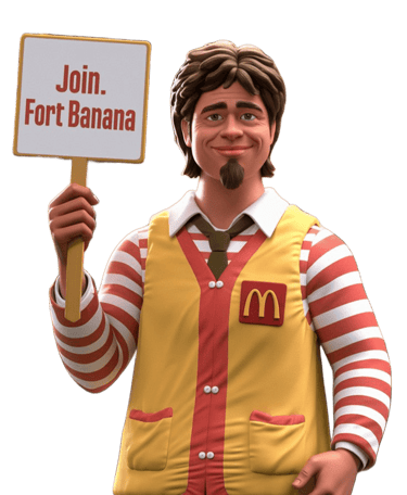 a man in a mcdonalds uniform holding a sign