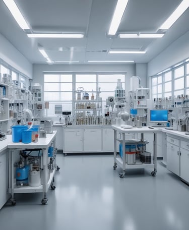 A clean laboratory setting with glassware and distillation equipment.